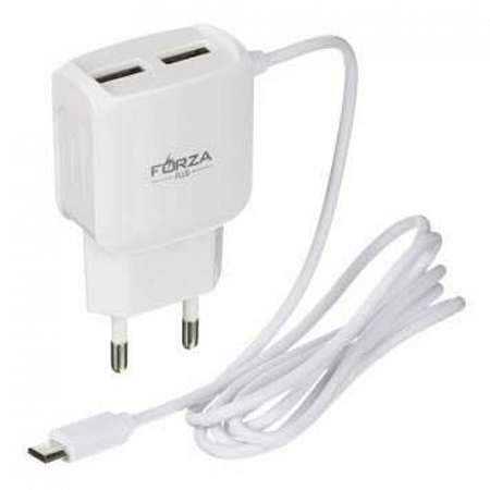 Устройство зарядное Forza 916-065/ Micro Usb, 2 USB, 220 В, 1A, 1 м, пластик